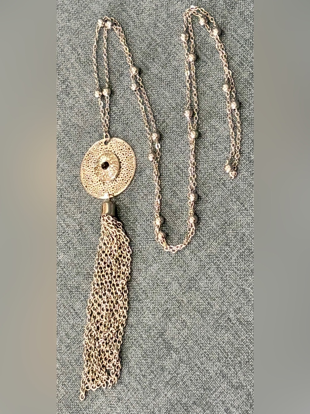 Bohemian Style Necklace with Filigree Medallion Tassel on 28” Long Beaded Chain